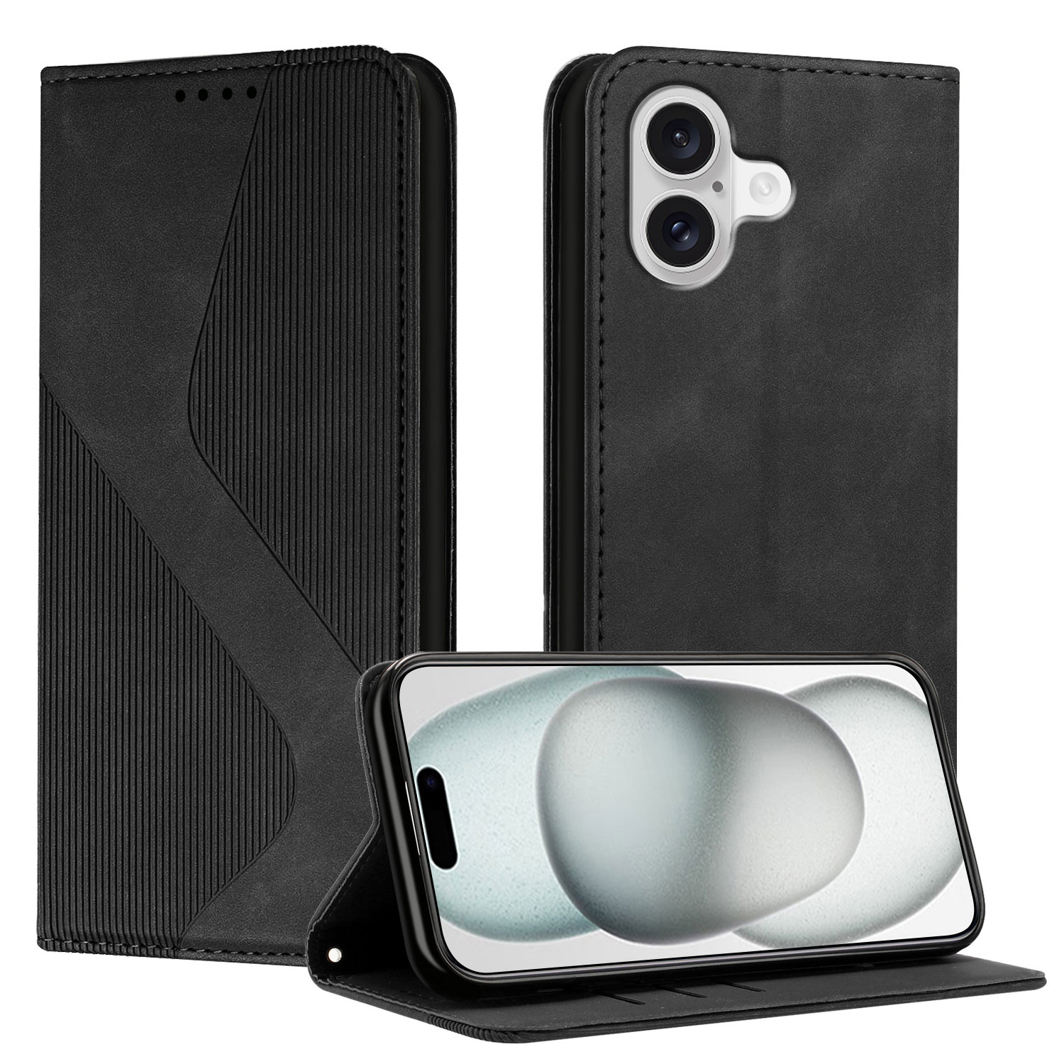 For iPhone 17 Phone Cover Skin-touch Feel Leather Wallet Case with Stand - Black