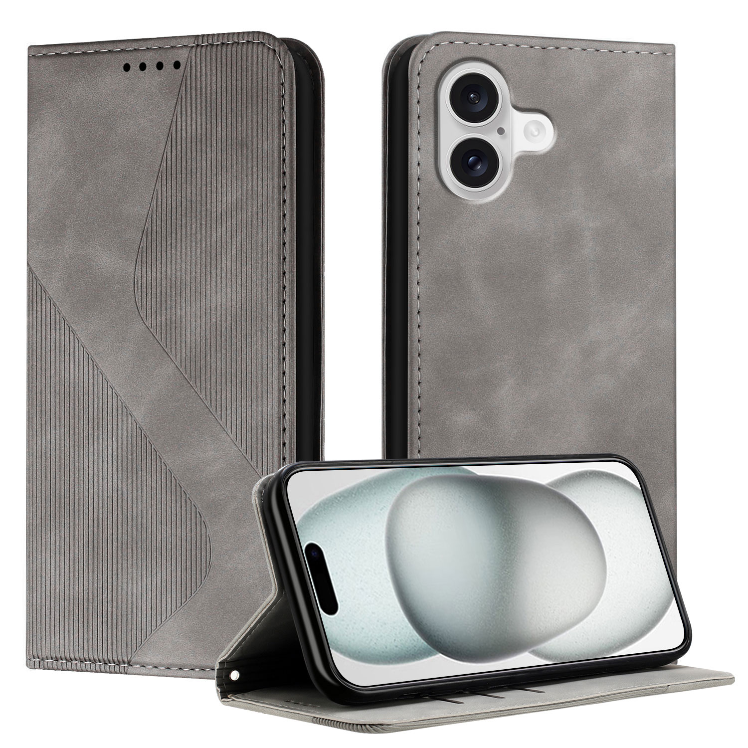 For iPhone 17 Phone Cover Skin-touch Feel Leather Wallet Case with Stand - Grey