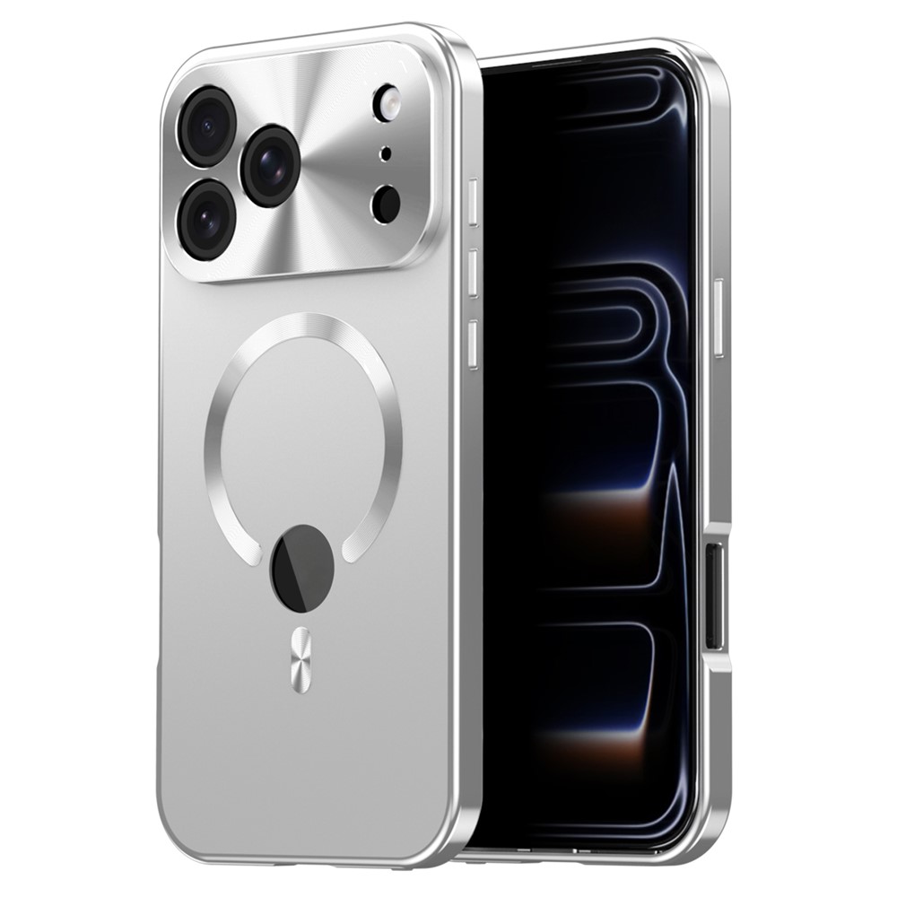 For iPhone 17 Pro Max Case Compatible with MagSafe PC + Metal Phone Cover with Anti Spy Screen Film - Silver