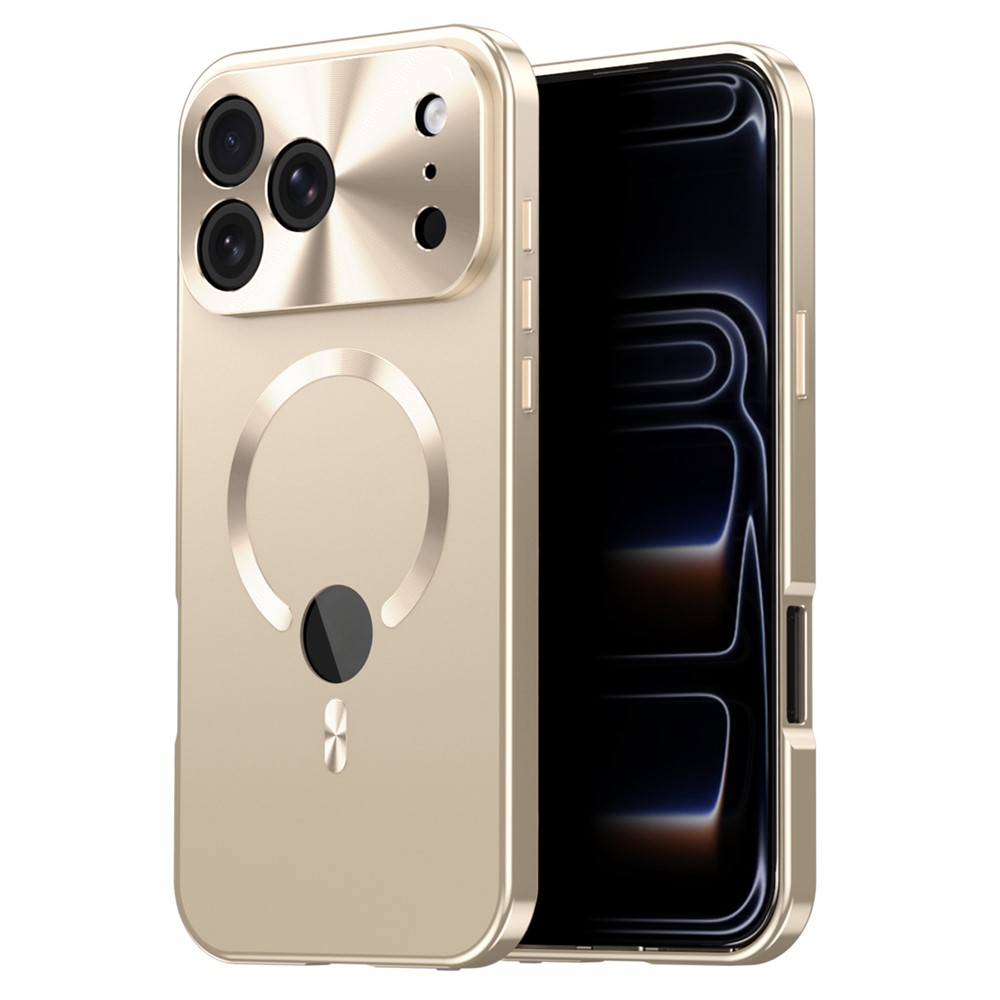 For iPhone 17 Pro Max Case Compatible with MagSafe PC + Metal Phone Cover with Anti Spy Screen Film - Gold