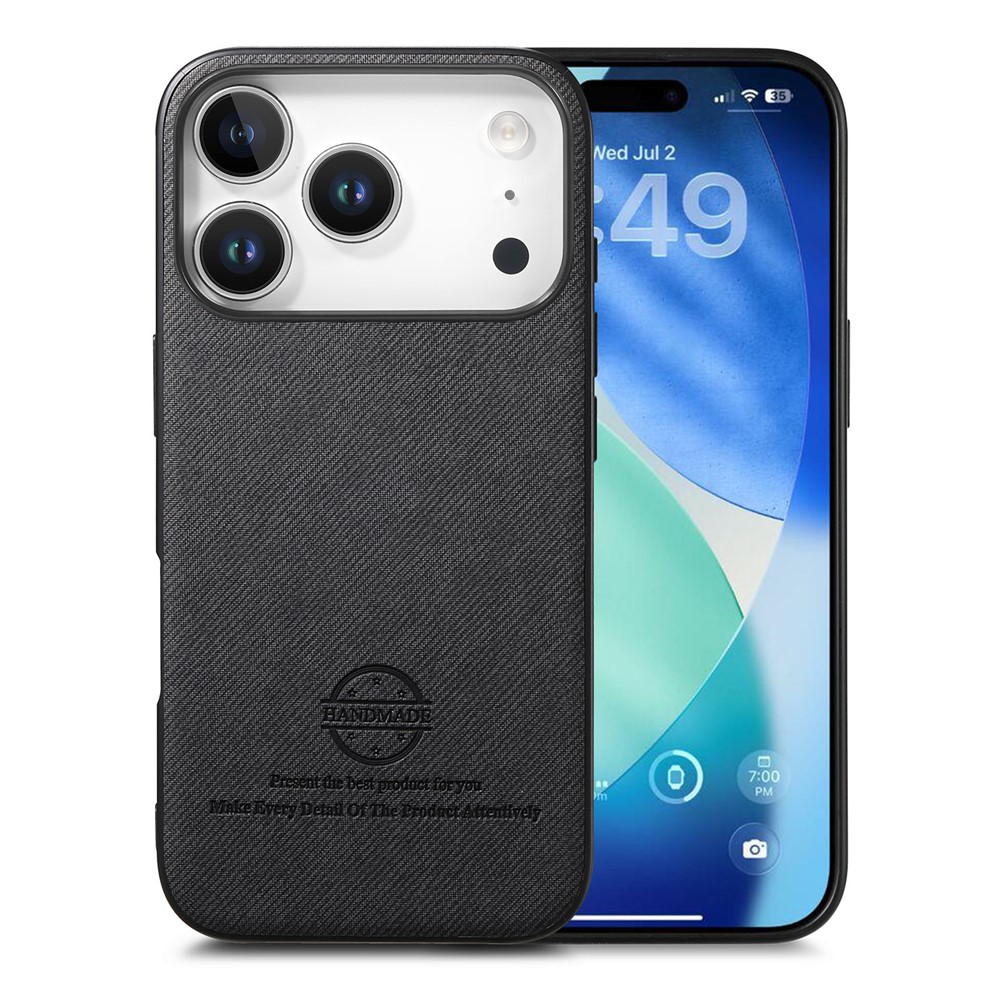 For iPhone 17 Pro Max Case Leather Phone Back Cover with Cloth Texture - Black