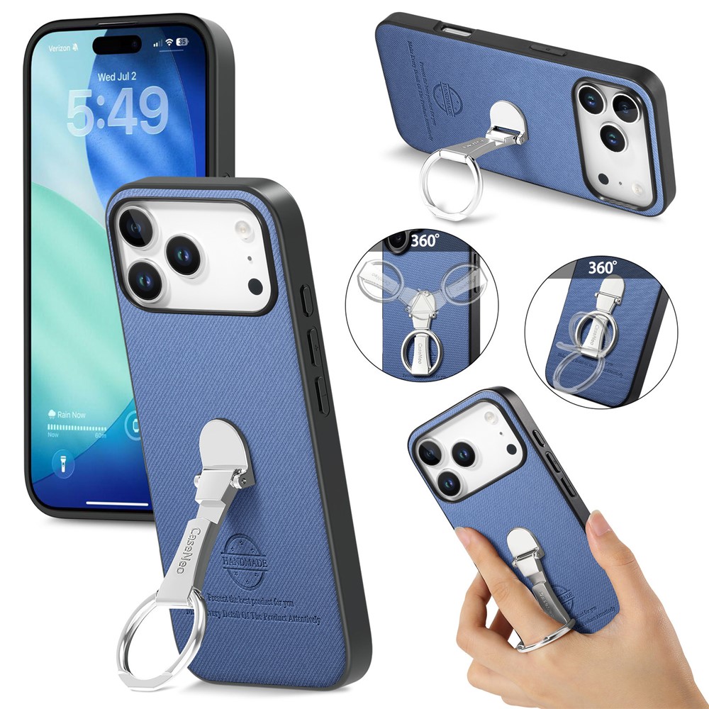 CASENEO BW-12 For iPhone 17 Pro Max Case Folding Kickstand Twill Texture Leather Back Cover - Blue