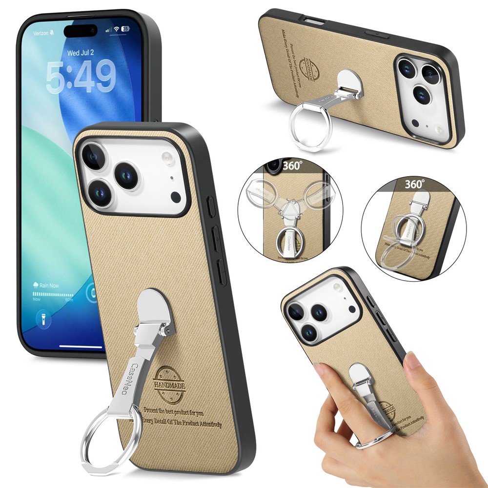 CASENEO BW-12 For iPhone 17 Pro Max Case Folding Kickstand Twill Texture Leather Back Cover - Khaki