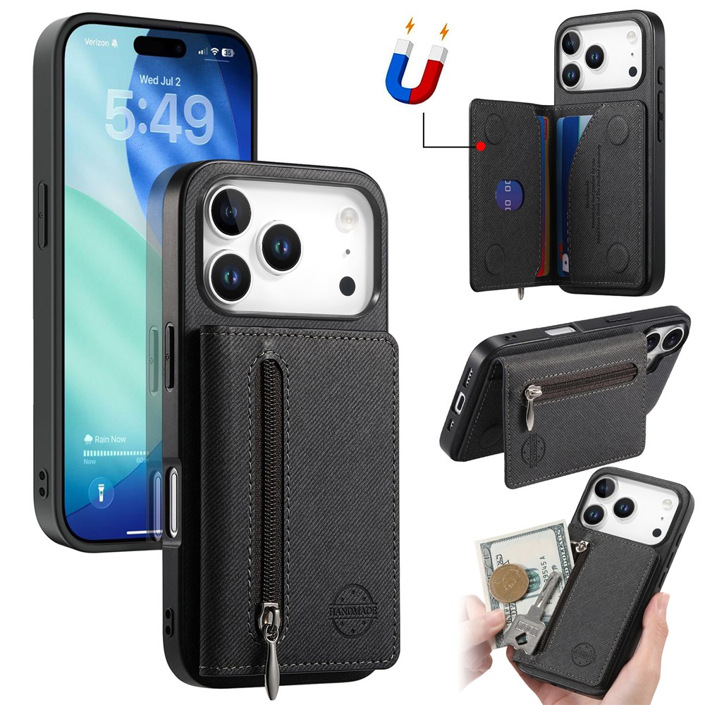 For iPhone 17 Pro Max Case Zipper Card Holder Kickstand Jeans Cloth Texture Leather Back Cover - Black