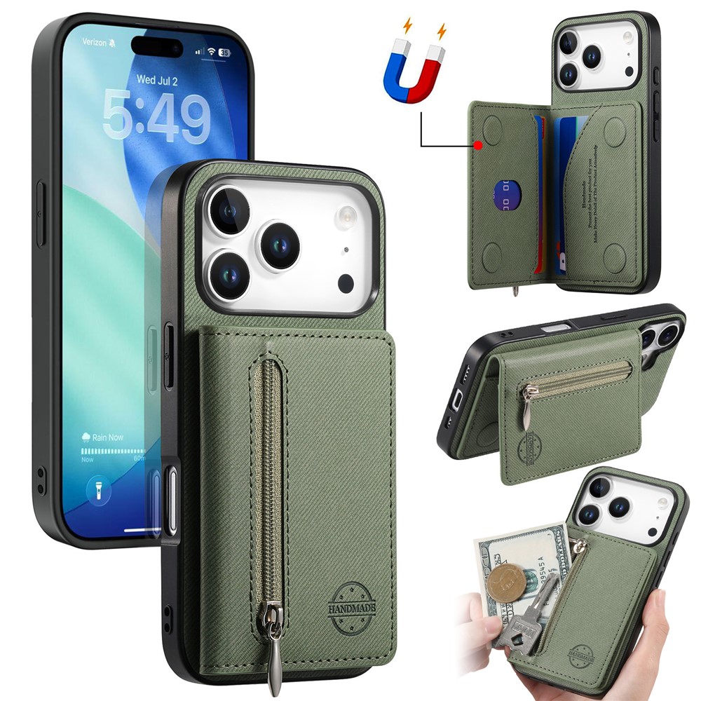 For iPhone 17 Pro Max Case Zipper Card Holder Kickstand Jeans Cloth Texture Leather Back Cover - Green