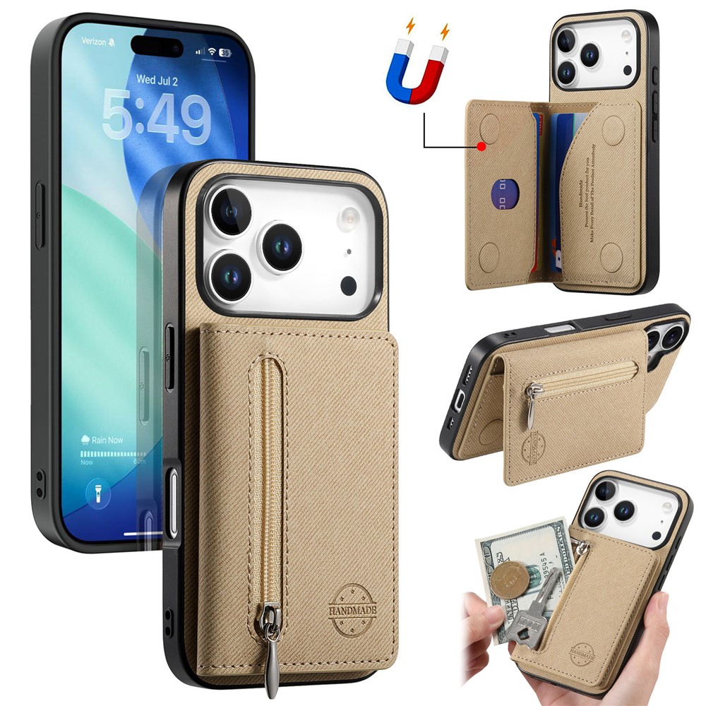 For iPhone 17 Pro Max Case Zipper Card Holder Kickstand Jeans Cloth Texture Leather Back Cover - Khaki