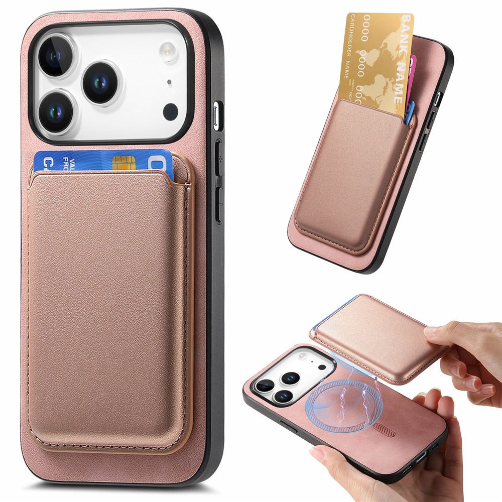 For iPhone 17 Pro Max Case Detachable Magnetic Card Bag Leather + TPU Phone Cover - Pink