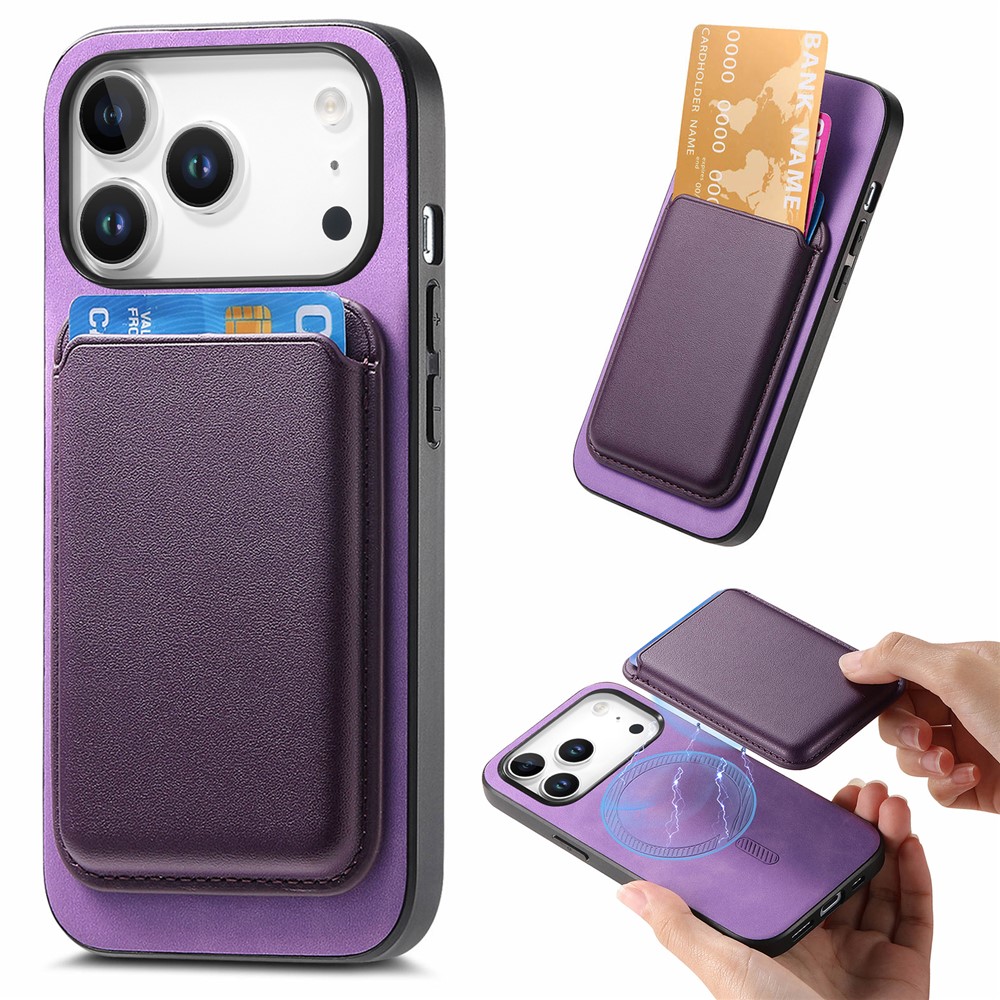 For iPhone 17 Pro Max Case Detachable Magnetic Card Bag Leather + TPU Phone Cover - Purple