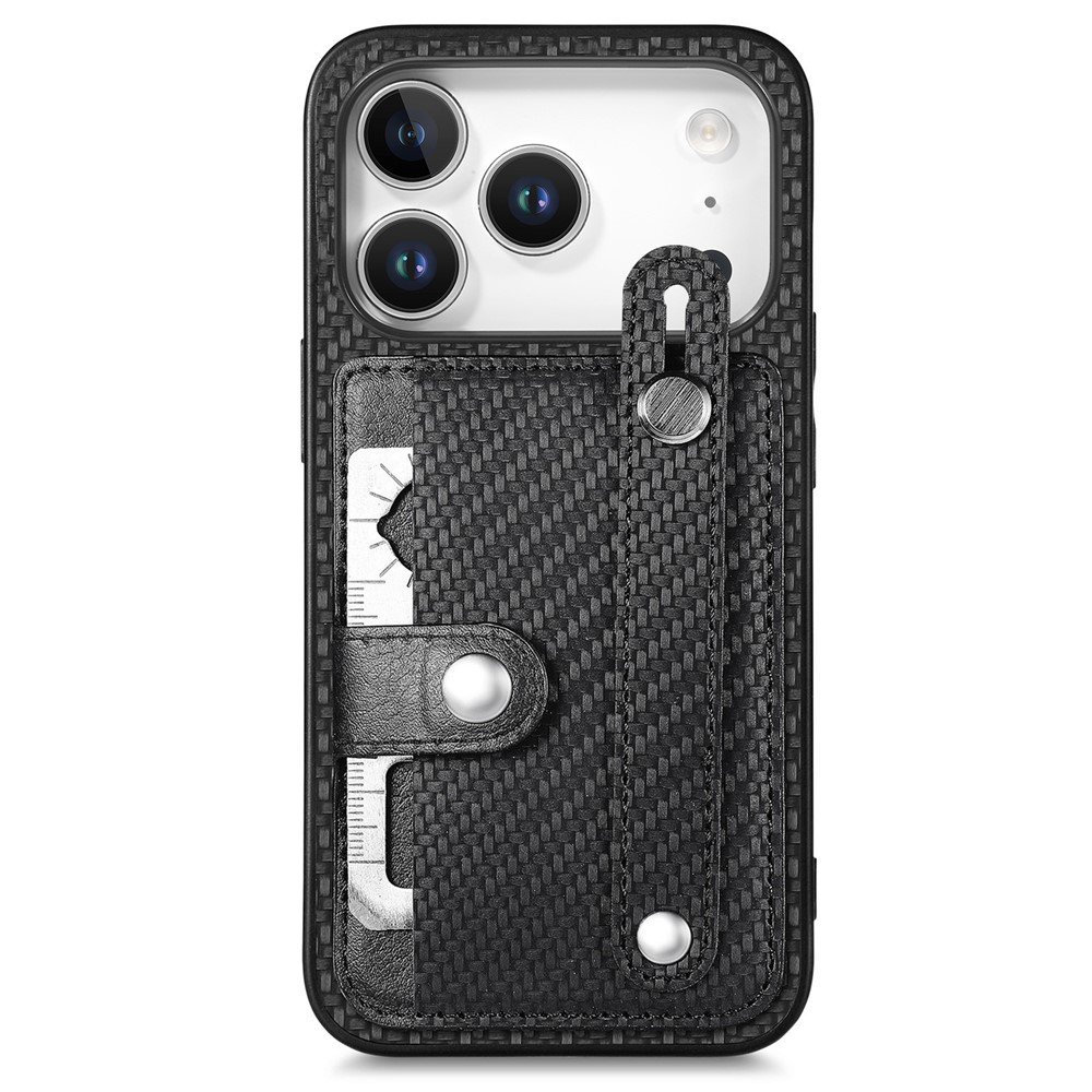 For iPhone 17 Pro Max Case Wristband Anti-Drop Leather Back Cover Card Holder - Black