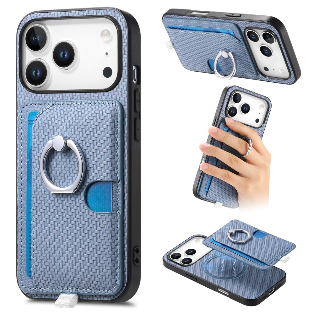 For iPhone 17 Pro Max Case Ring Kickstand Leather Back Cover with Magnetic Detachable Card Holder - Blue