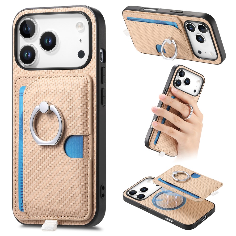 For iPhone 17 Pro Max Case Ring Kickstand Leather Back Cover with Magnetic Detachable Card Holder - Apricot