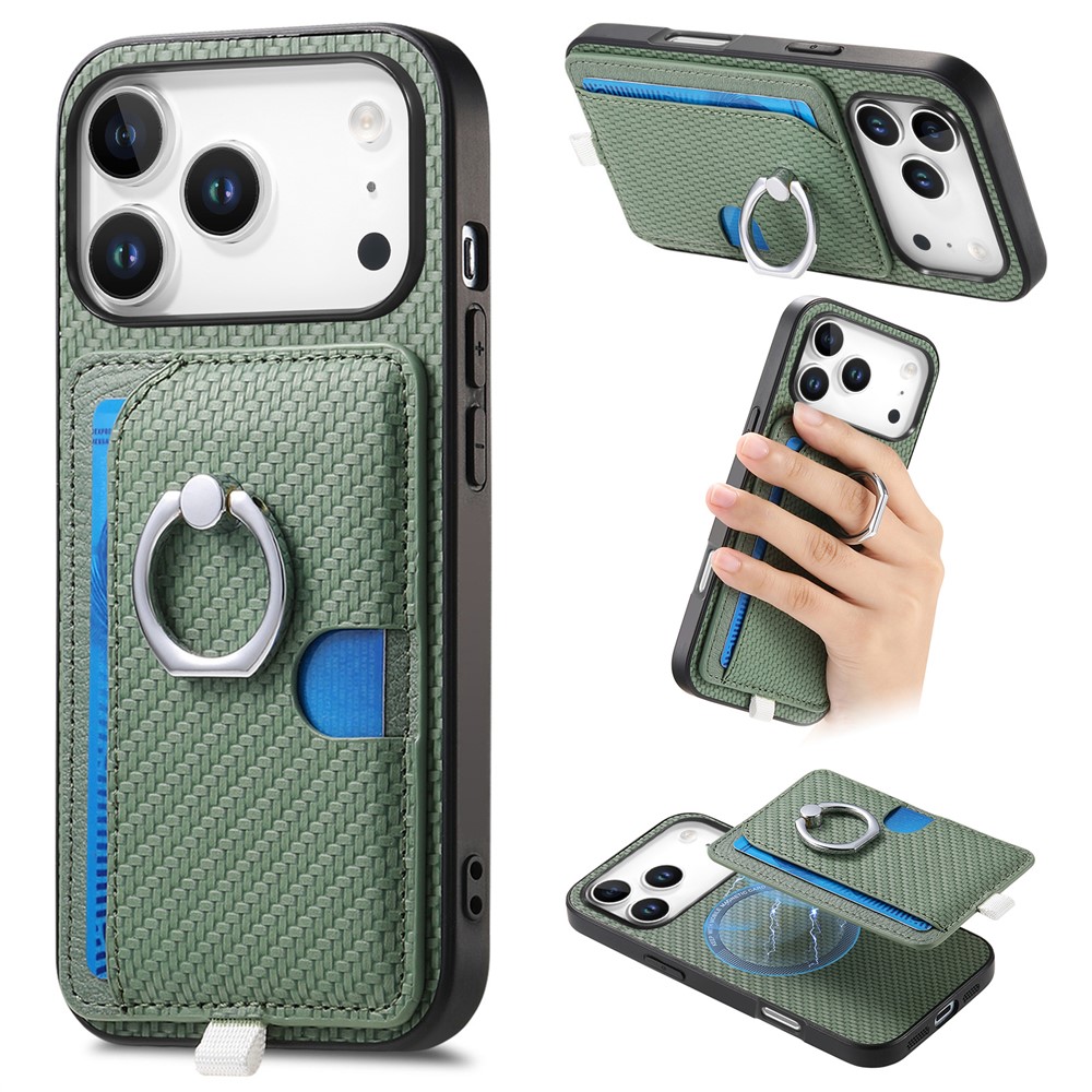 For iPhone 17 Pro Max Case Ring Kickstand Leather Back Cover with Magnetic Detachable Card Holder - Green