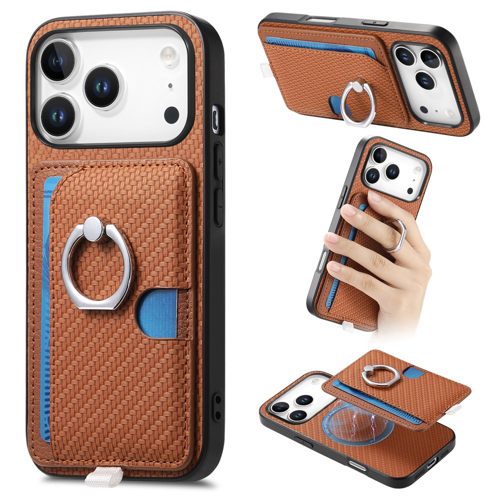 For iPhone 17 Pro Max Case Ring Kickstand Leather Back Cover with Magnetic Detachable Card Holder - Brown