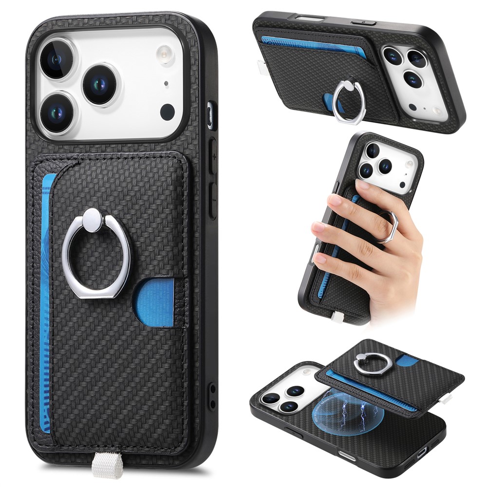 For iPhone 17 Pro Max Case Ring Kickstand Leather Back Cover with Magnetic Detachable Card Holder - Black