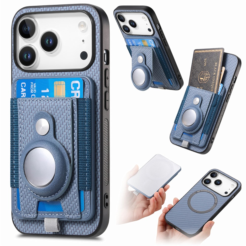 For iPhone 17 Pro Max Case with AirTag Holder Detachable Card Slot Leather + TPU + PC Phone Cover - Blue