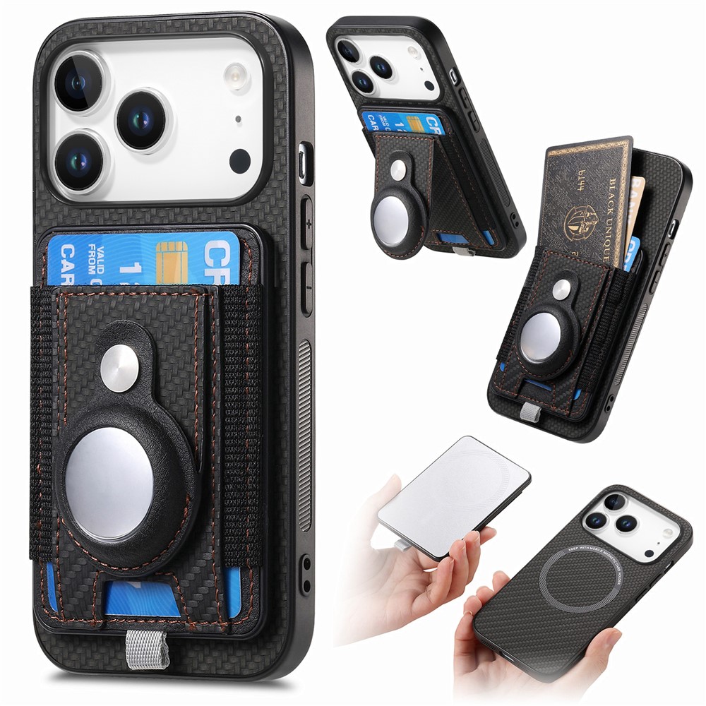 For iPhone 17 Pro Max Case with AirTag Holder Detachable Card Slot Leather + TPU + PC Phone Cover - Black
