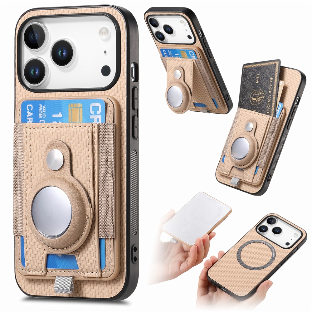 For iPhone 17 Pro Max Case with AirTag Holder Detachable Card Slot Leather + TPU + PC Phone Cover - Apricot
