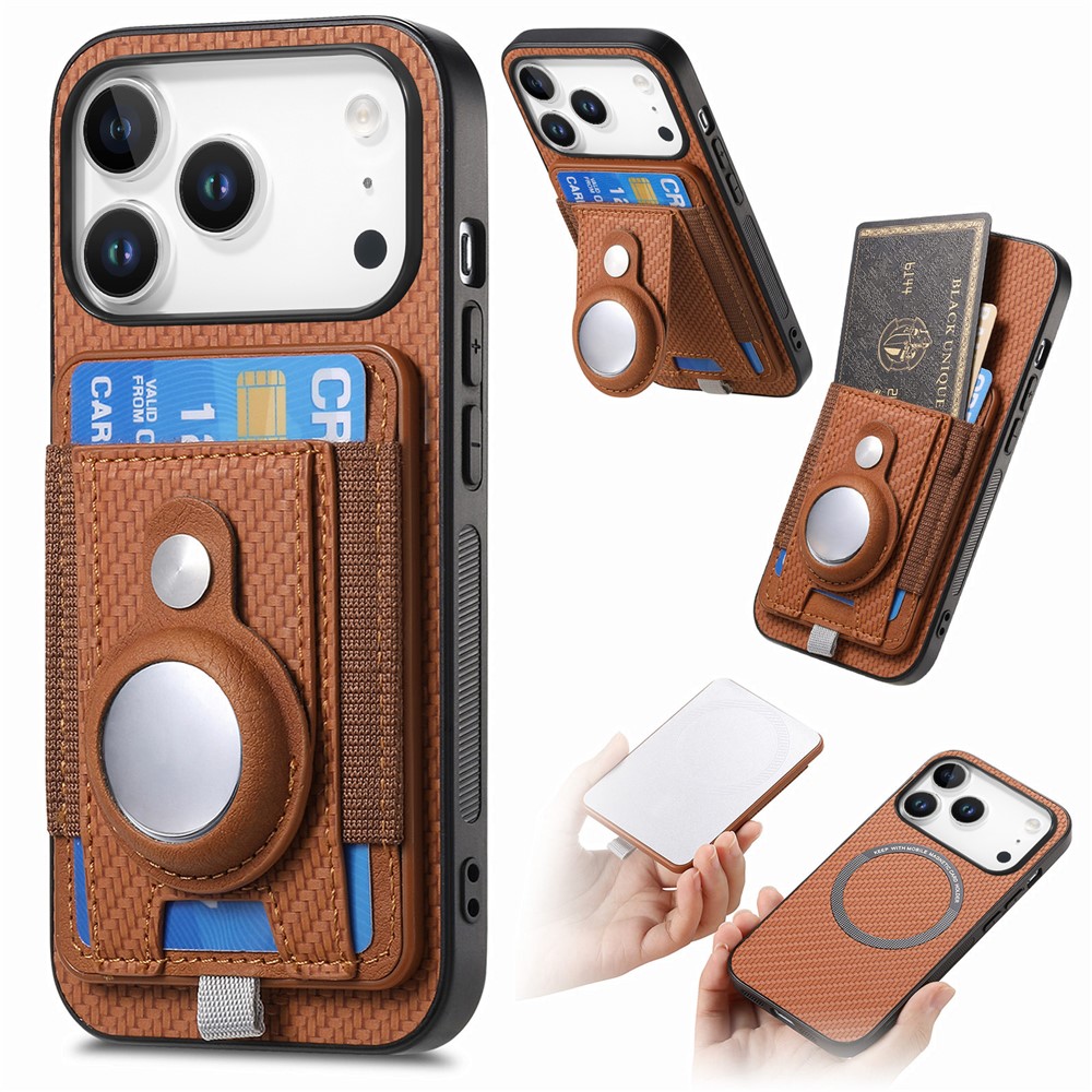 For iPhone 17 Pro Max Case with AirTag Holder Detachable Card Slot Leather + TPU + PC Phone Cover - Brown