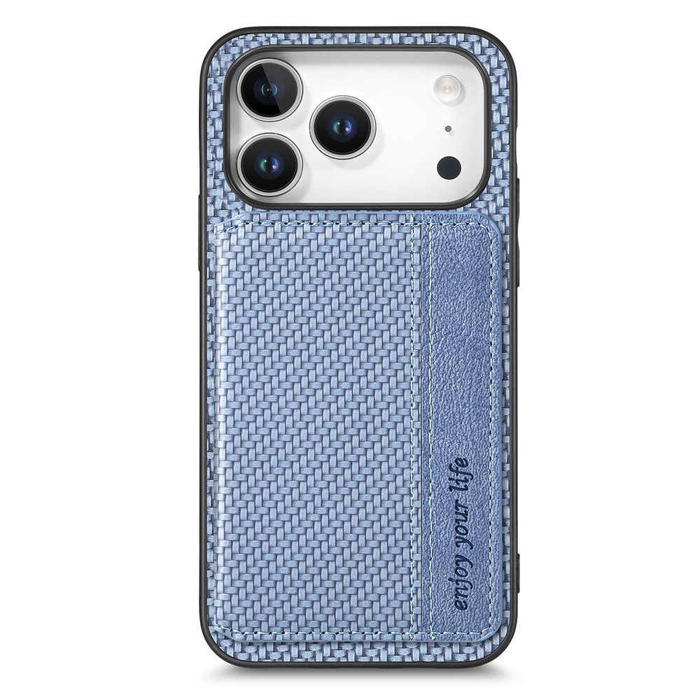 For iPhone 17 Pro Max Case RFID Blocking Carbon Fiber Leather Phone Back Cover with Card Holder - Blue