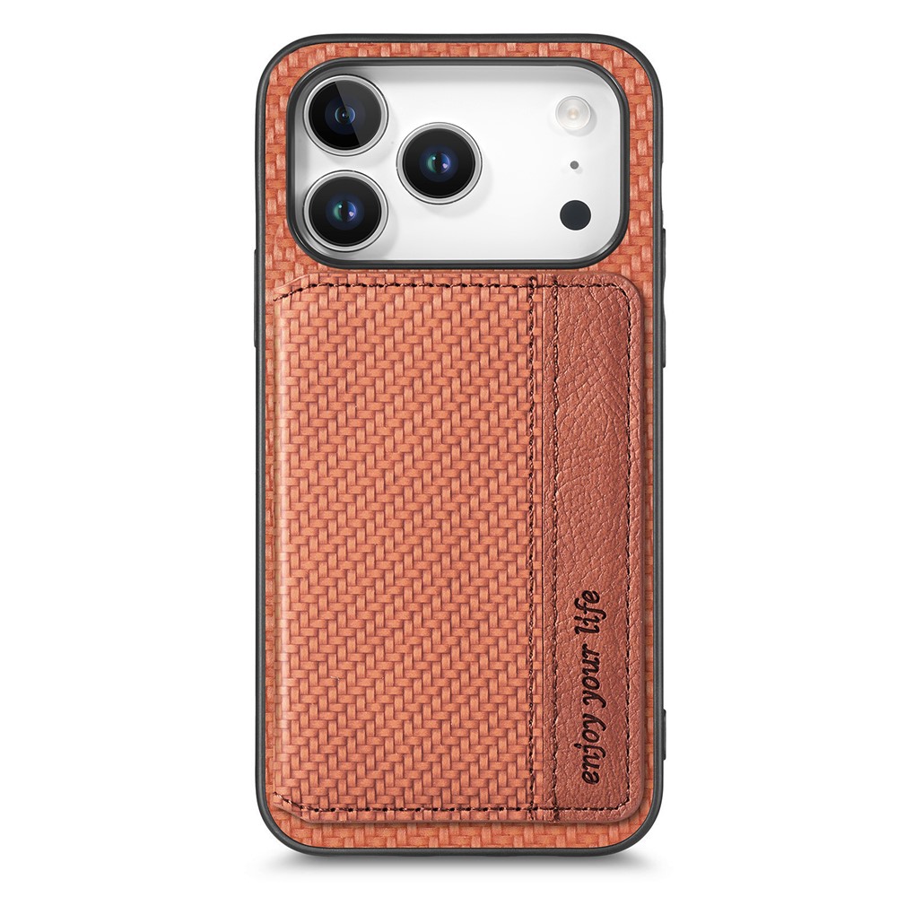 For iPhone 17 Pro Max Case RFID Blocking Carbon Fiber Leather Phone Back Cover with Card Holder - Brown