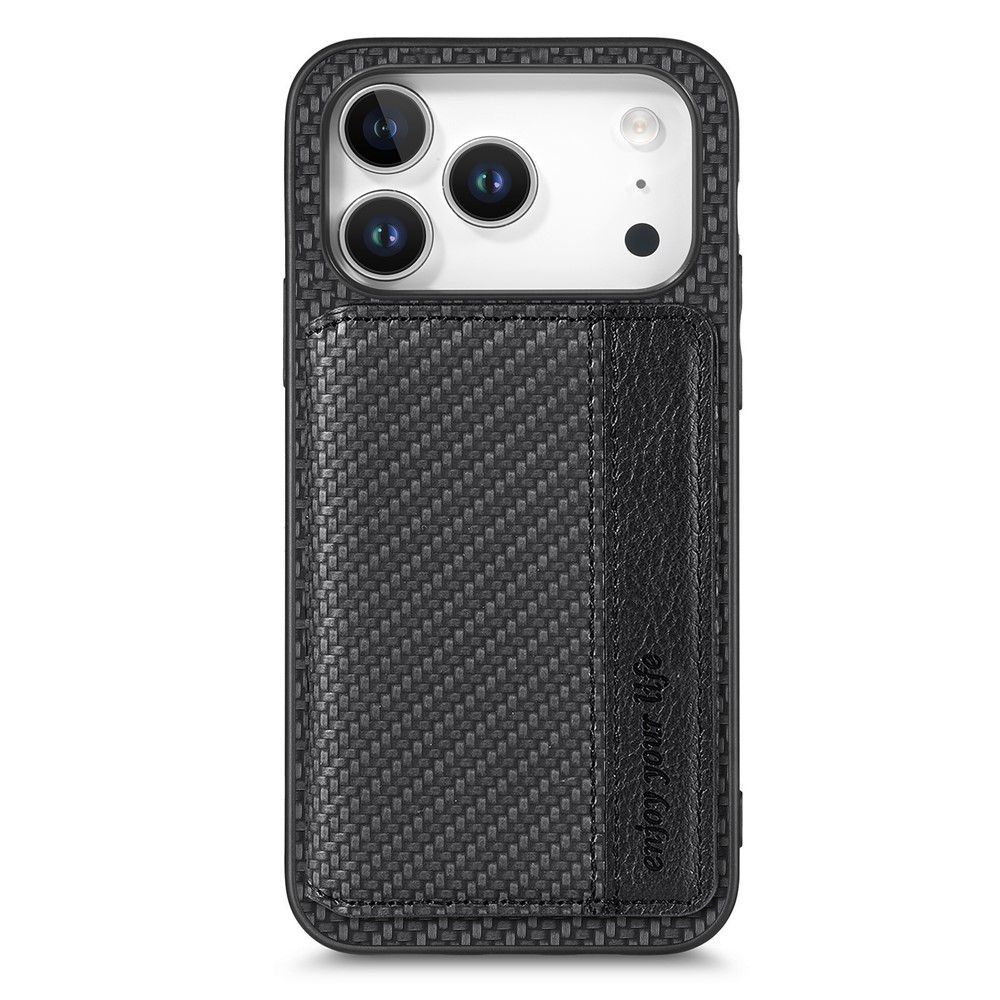 For iPhone 17 Pro Max Case RFID Blocking Carbon Fiber Leather Phone Back Cover with Card Holder - Black