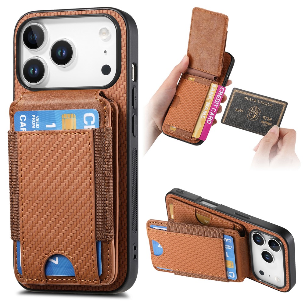 For iPhone 17 Pro Max Fiber Texture Flip Case Card Holder Stand Adjustable Angle Protective Cover - Brown