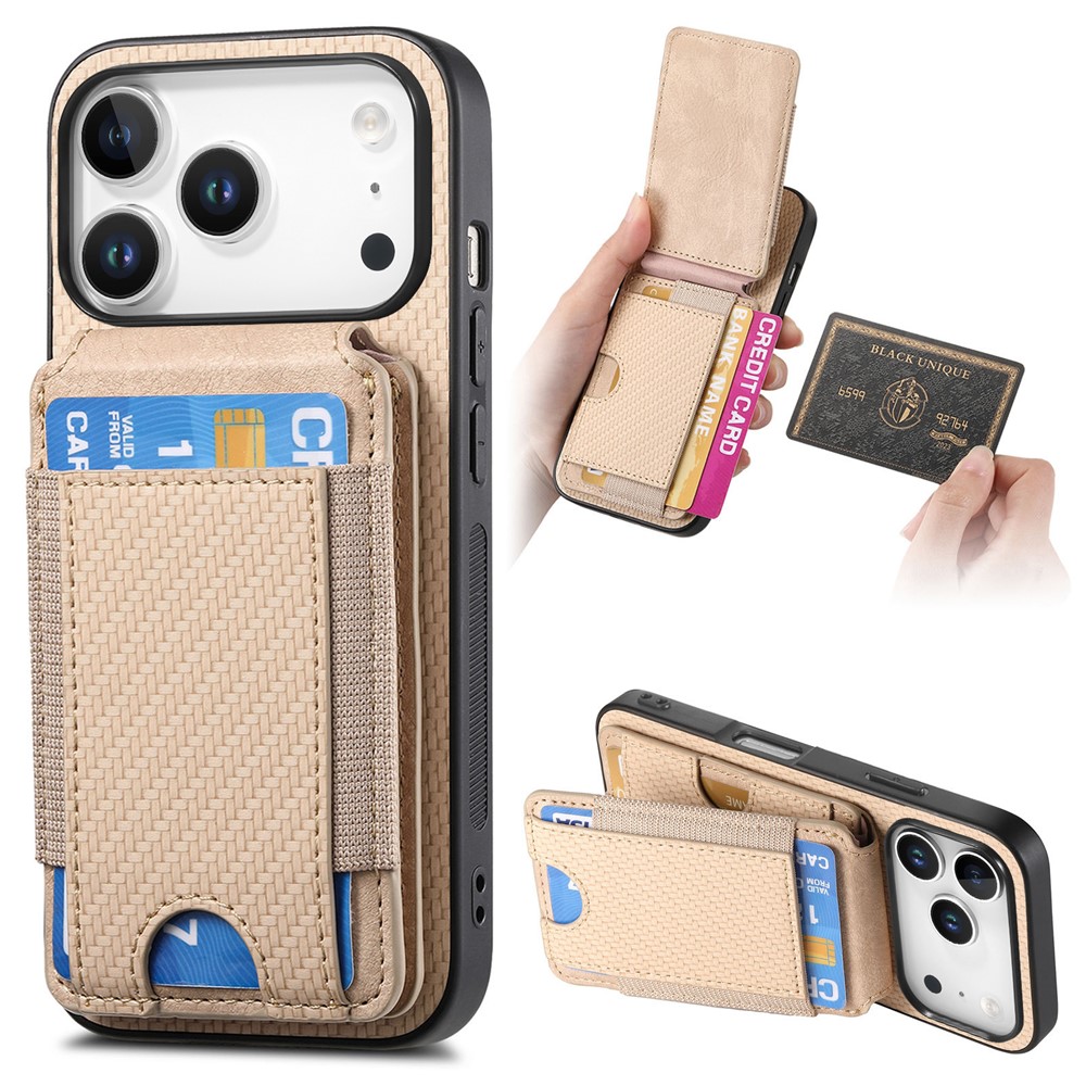For iPhone 17 Pro Max Fiber Texture Flip Case Card Holder Stand Adjustable Angle Protective Cover - Khaki