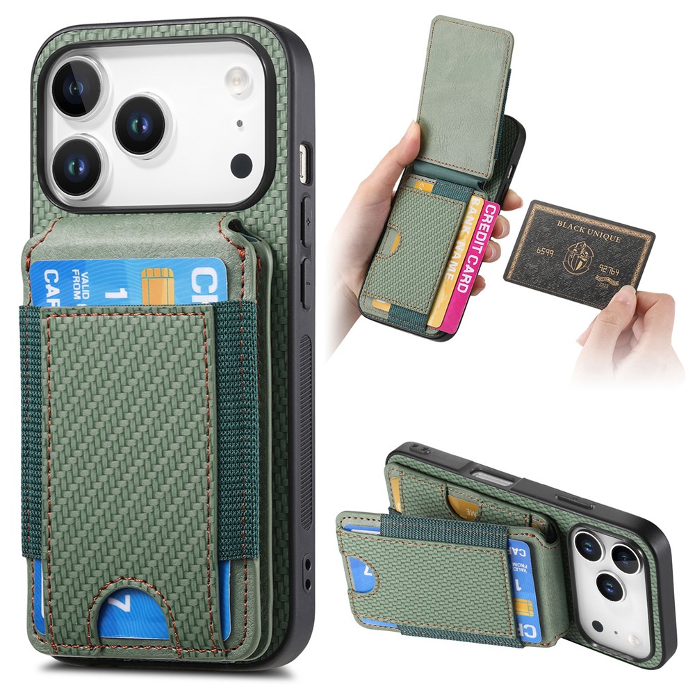 For iPhone 17 Pro Max Fiber Texture Flip Case Card Holder Stand Adjustable Angle Protective Cover - Green