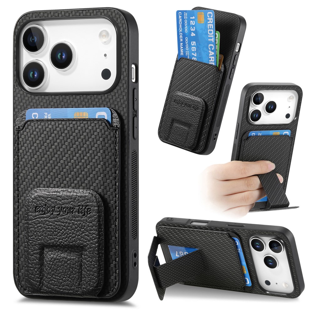 For iPhone 17 Pro Max Case Card Holder Carbon Fiber Texture Leather Coated TPU Phone Cover - Black