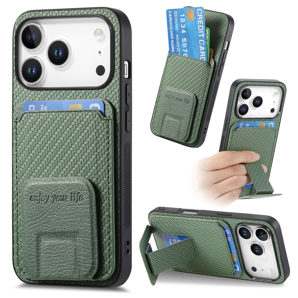 For iPhone 17 Pro Max Case Card Holder Carbon Fiber Texture Leather Coated TPU Phone Cover - Green