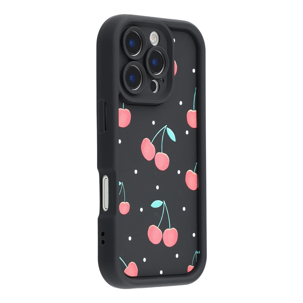 For iPhone 16 Pro Max Case Aesthetic Pattern Print TPU Shockproof Phone Cover - Cherry / Black