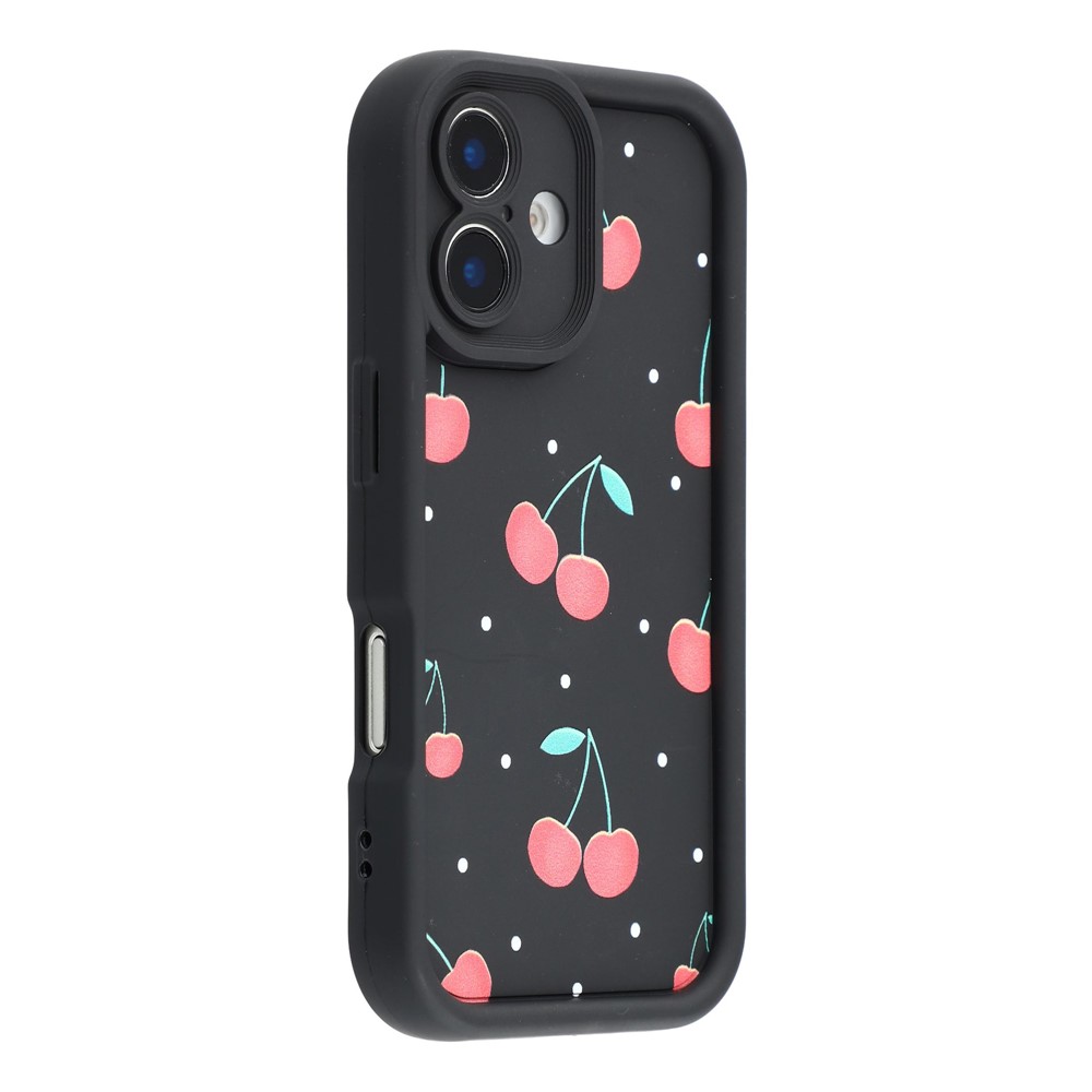For iPhone 16 Plus Case Aesthetic Pattern Print TPU Shockproof Phone Cover - Cherry / Black