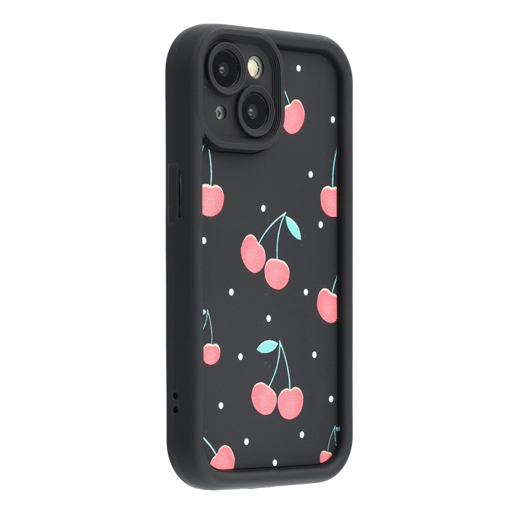 For iPhone 15 Case Aesthetic Pattern Print TPU Shockproof Phone Cover - Cherry / Black