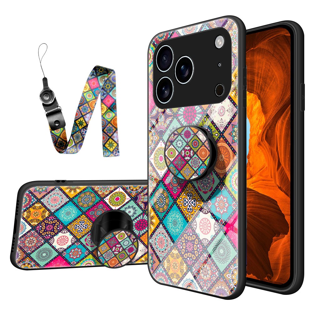 For iPhone 17 Pro Max Case Kickstand Ethnic Pattern Tempered Glass Phone Cover with Strap - Checkered Pattern