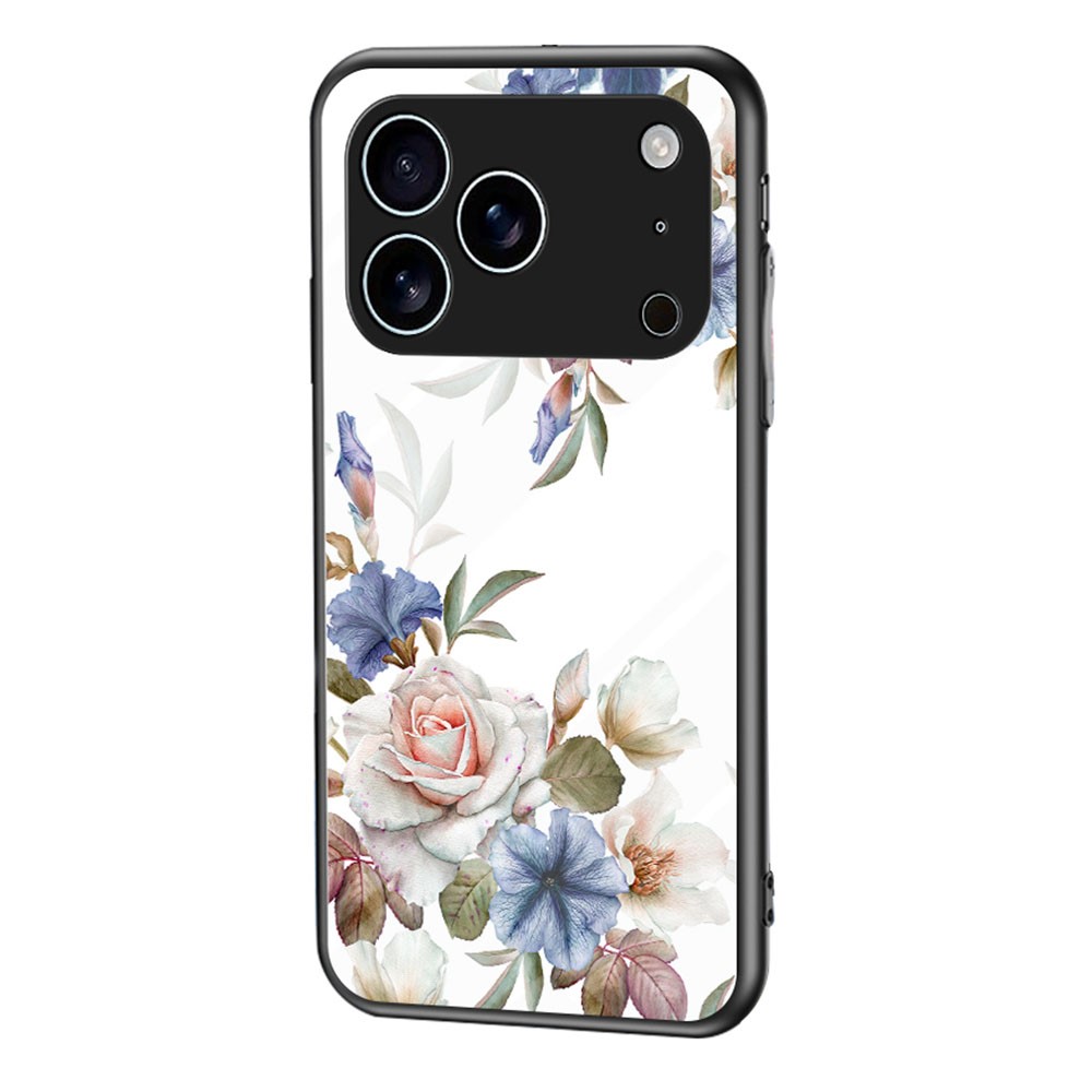 For iPhone 17 Pro Max Case Floral Pattern TPU + Tempered Glass Protective Phone Cover - White Flower Bush