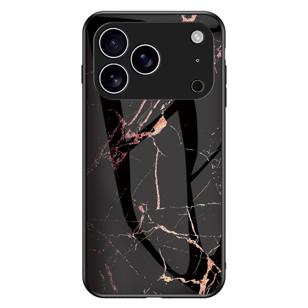 For iPhone 17 Pro Max Case Marble Pattern Tempered Glass+PC+TPU Protective Phone Cover - Gold Black Marble