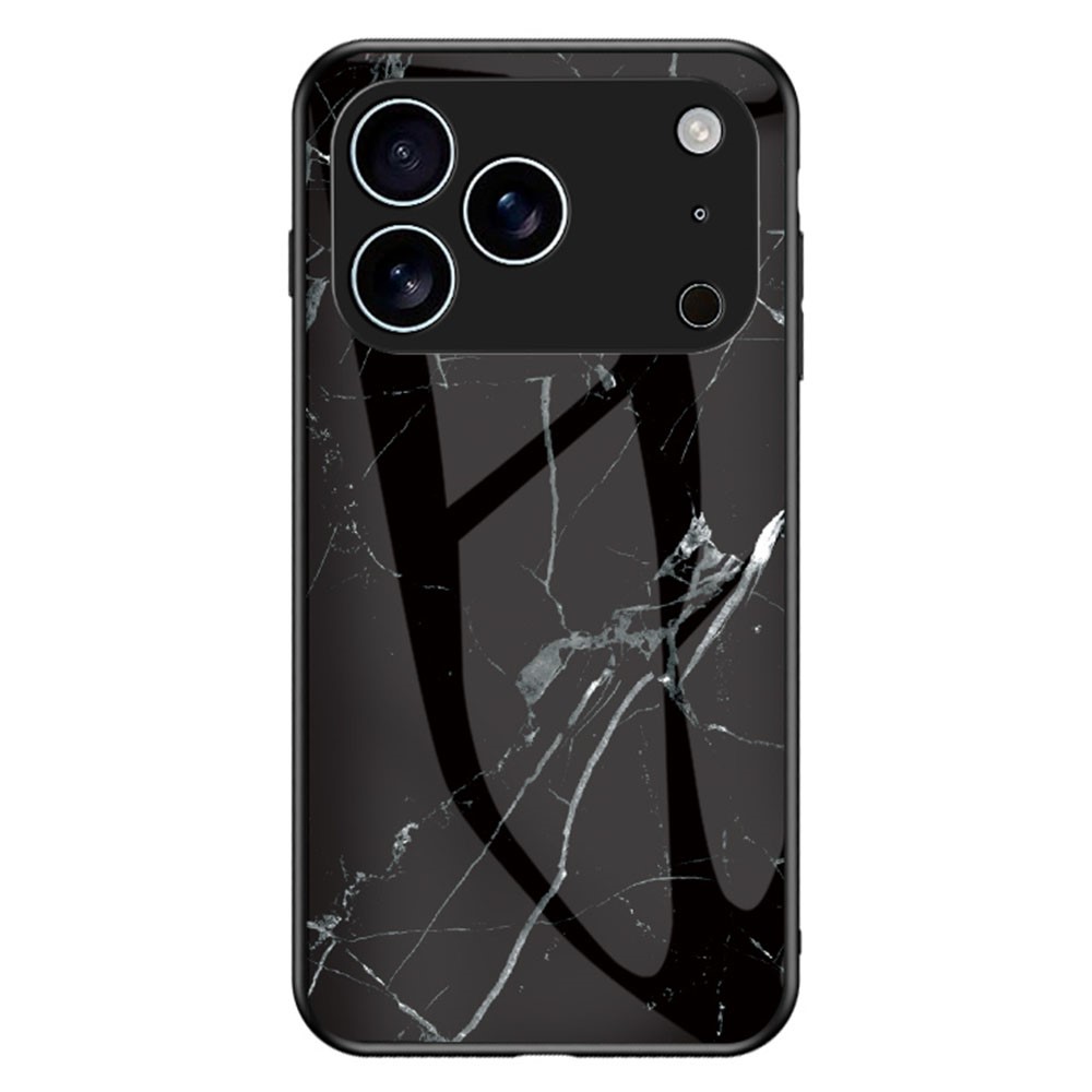 For iPhone 17 Pro Max Case Marble Pattern Tempered Glass+PC+TPU Protective Phone Cover - Black Marble