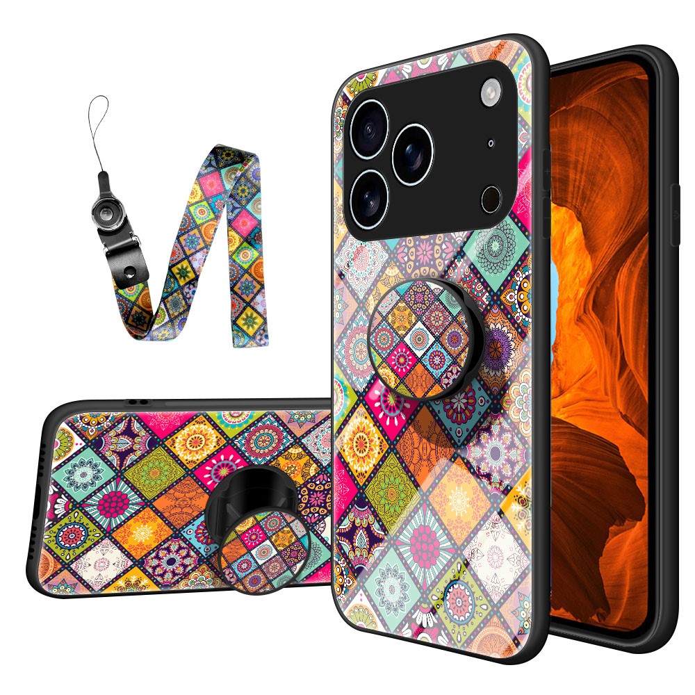 For iPhone 17 Pro Patterned Series Glass Case With Lanyard Stand Foldable 50cm Strap - Color Pattern