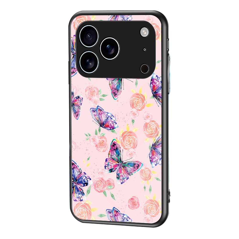 For iPhone 17 Pro Case Butterfly Pattern TPU + Tempered Glass Protective Phone Cover - Rose Butterfly