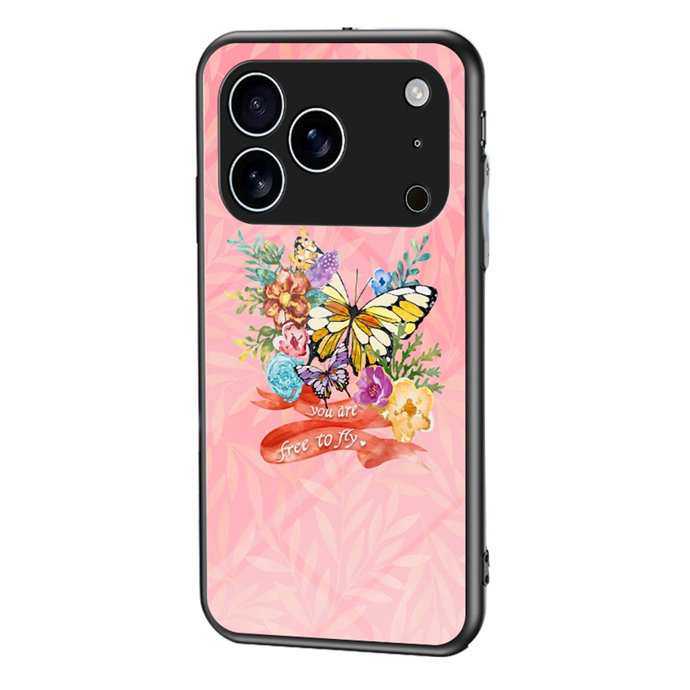 For iPhone 17 Pro Case Butterfly Pattern TPU + Tempered Glass Protective Phone Cover - Flower Bush Butterfly