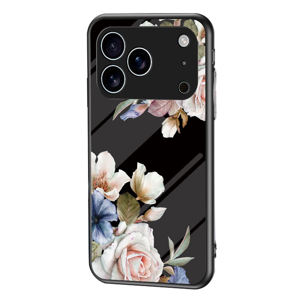 For iPhone 17 Pro Case Floral Pattern TPU + Tempered Glass Protective Phone Cover - Black Flower Bush