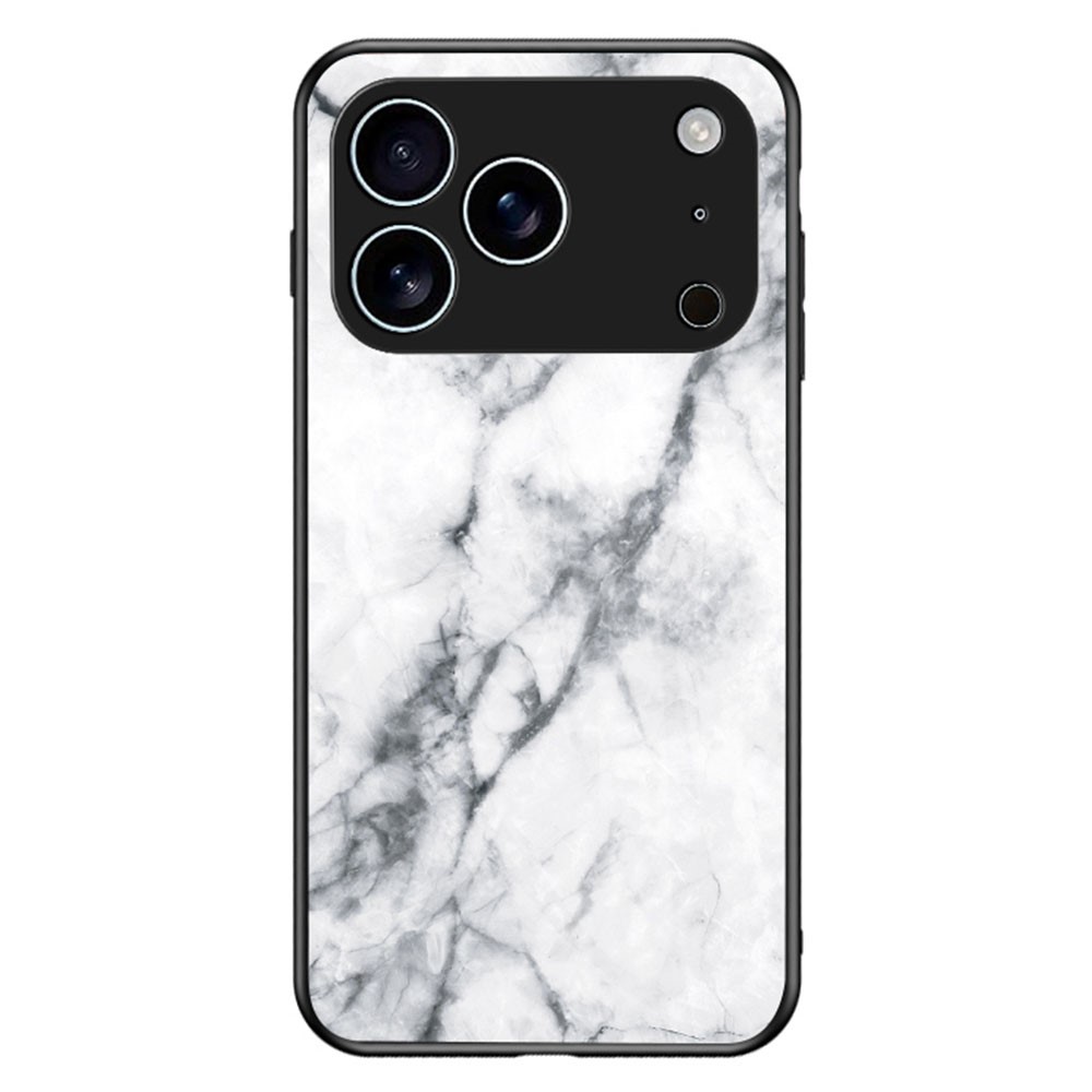 For iPhone 17 Pro Case Marble Pattern Tempered Glass+PC+TPU Protective Phone Cover - White Marble
