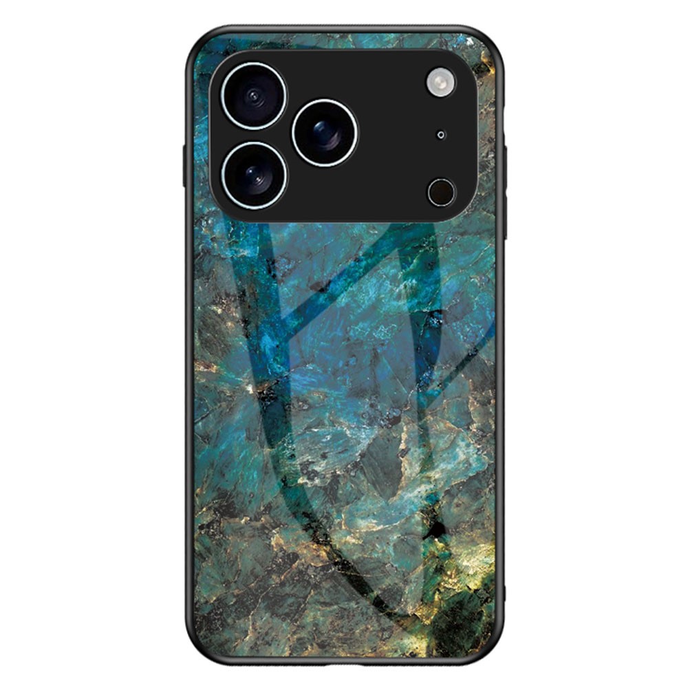 For iPhone 17 Pro Case Marble Pattern Tempered Glass+PC+TPU Protective Phone Cover - Emerald Marble