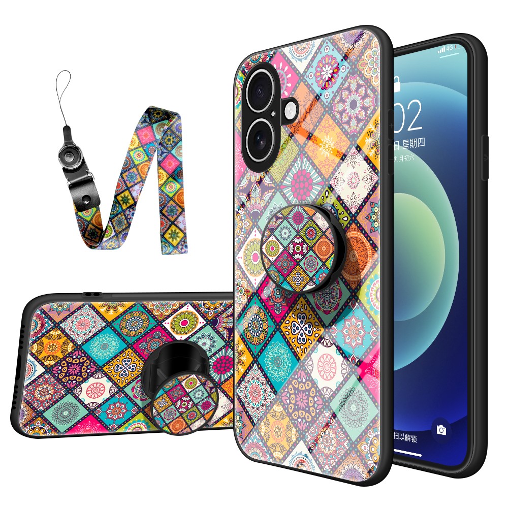 For iPhone 17 Case Kickstand Ethnic Pattern Tempered Glass Phone Cover with Strap - Checkered Pattern