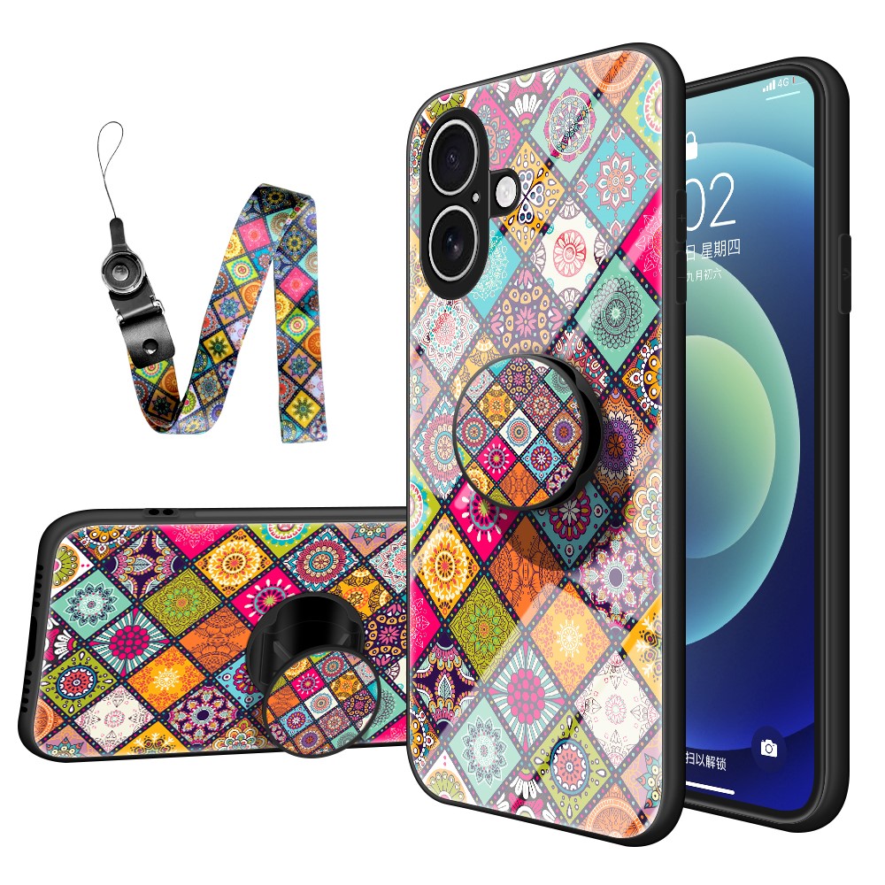 For iPhone 17 Case Kickstand Ethnic Pattern Tempered Glass Phone Cover with Strap - Color Pattern