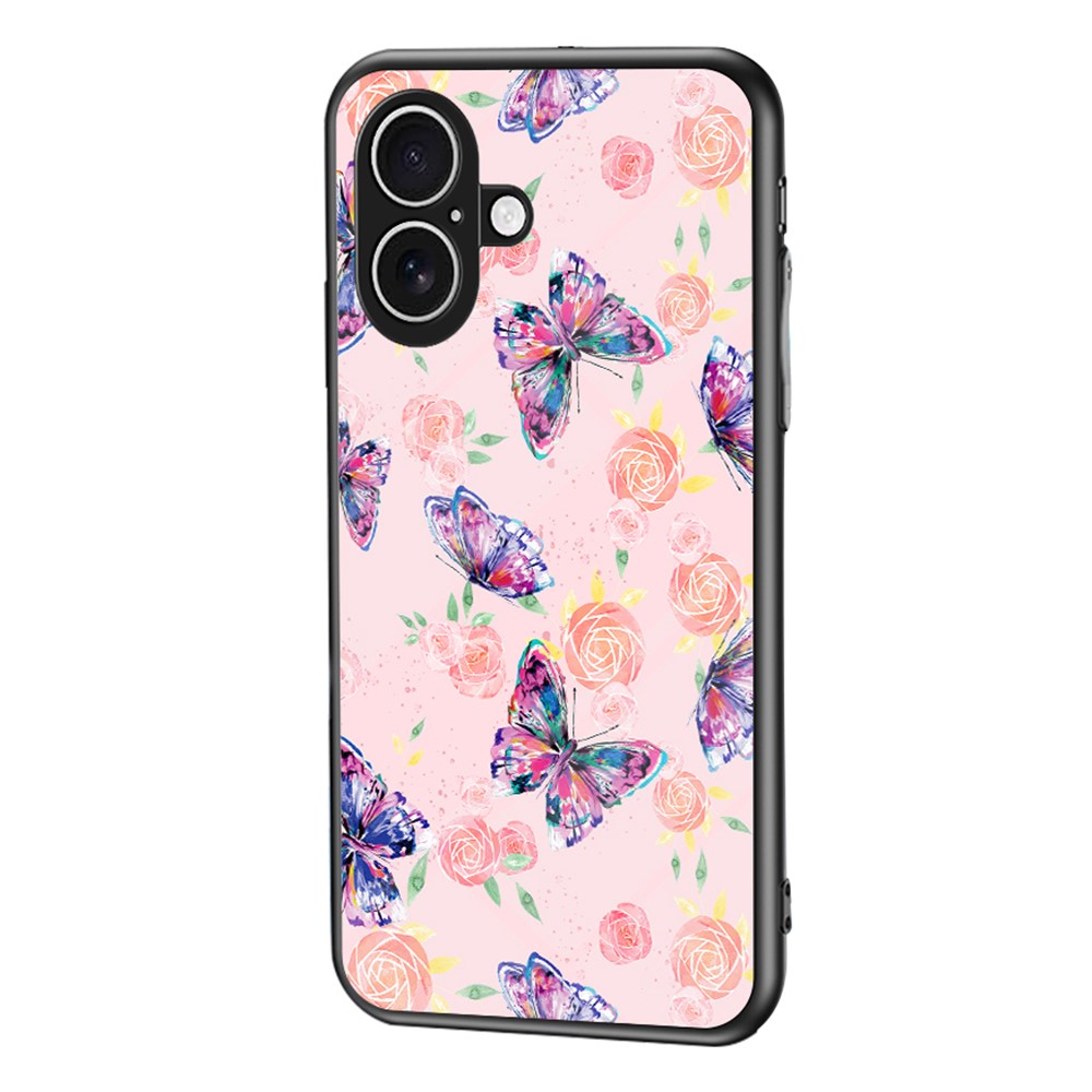For iPhone 17 Case Butterfly Pattern TPU + Tempered Glass Protective Phone Cover - Rose Butterfly