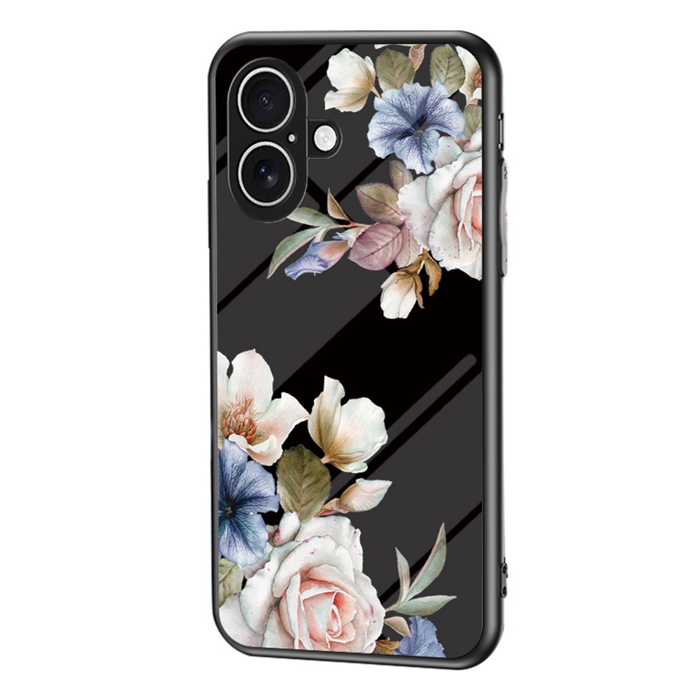 For iPhone 17 Case Floral Pattern TPU + Tempered Glass Protective Phone Cover - Black Flower Bush