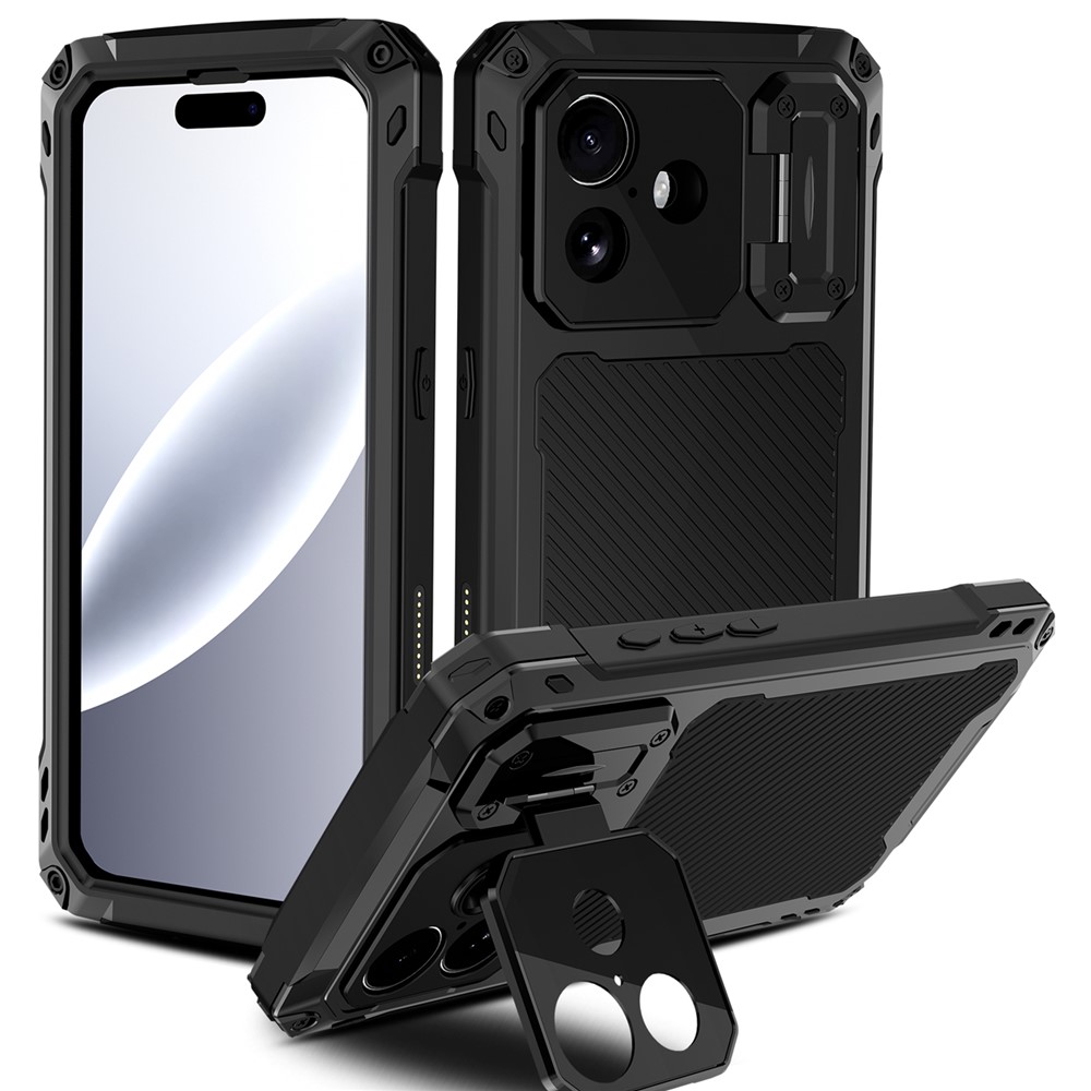 For iPhone 17 Case Aluminum Alloy + Silicone Lens Kickstand Phone Cover with Tempered Glass Film - Black