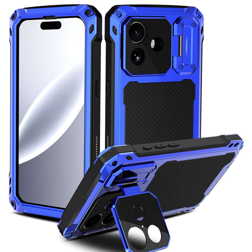 For iPhone 17 Case Aluminum Alloy + Silicone Lens Kickstand Phone Cover with Tempered Glass Film - Blue