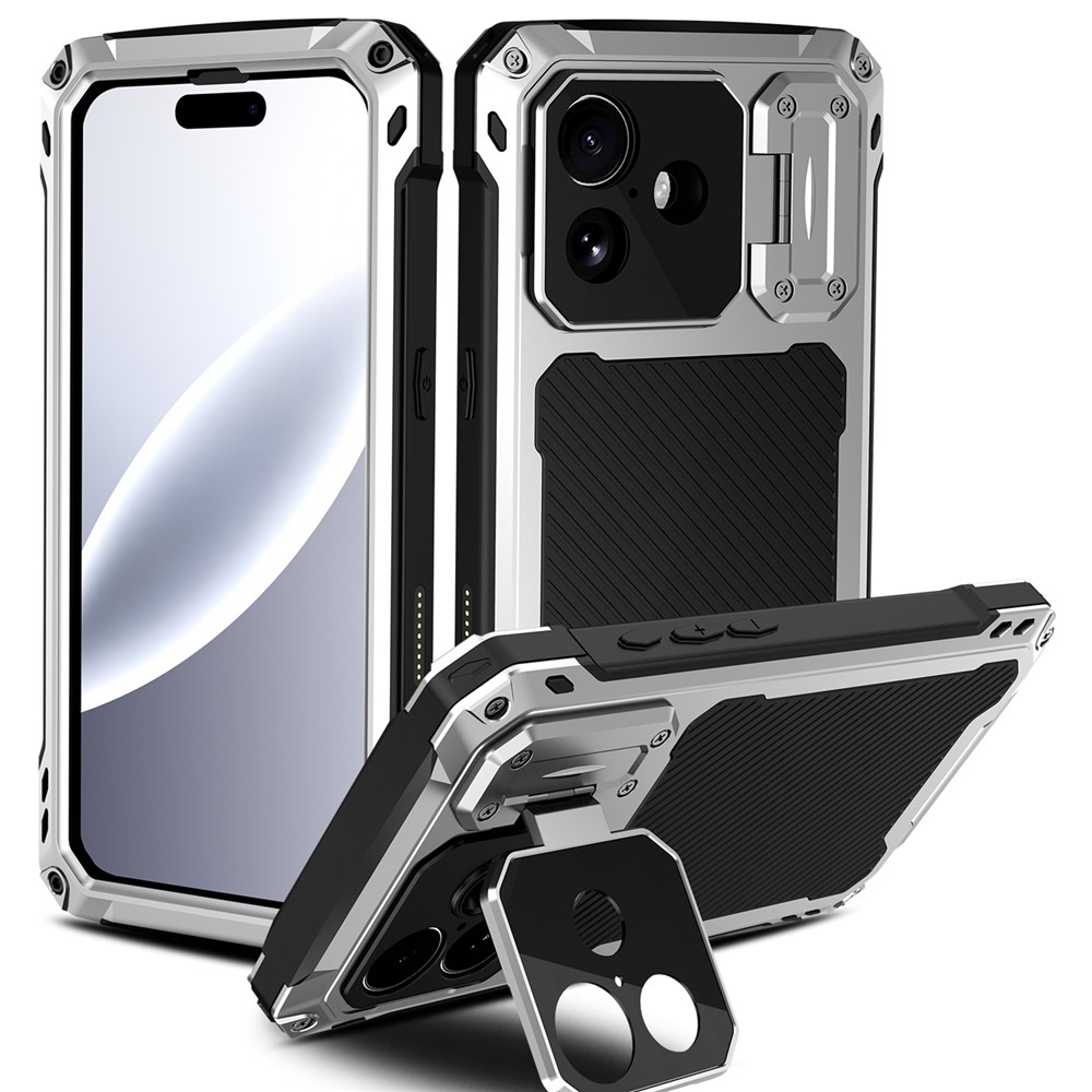 For iPhone 17 Case Aluminum Alloy + Silicone Lens Kickstand Phone Cover with Tempered Glass Film - Silver